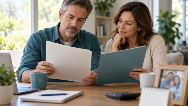Fictional household comparing plain life-insurance folders at a home desk.