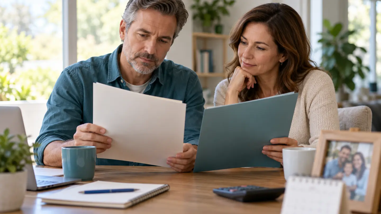 Fictional household comparing plain life-insurance folders at a home desk.
