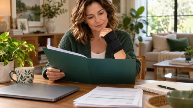 An adult reviewing an insurance folder at a home desk.