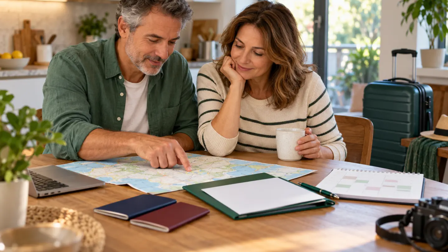 A couple reviewing travel documents at a table.