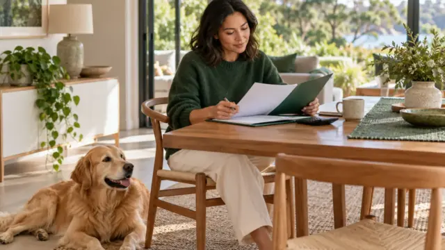 A pet owner reviewing insurance papers with a dog nearby.