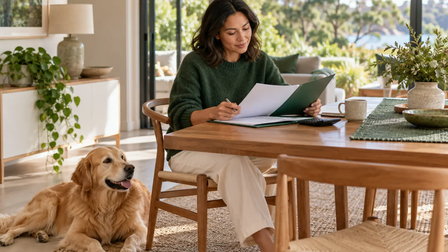 A pet owner reviewing insurance papers with a dog nearby.