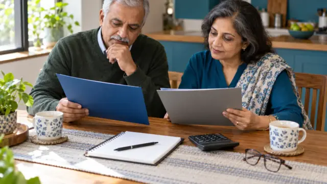 A couple comparing insurance documents at a home table.