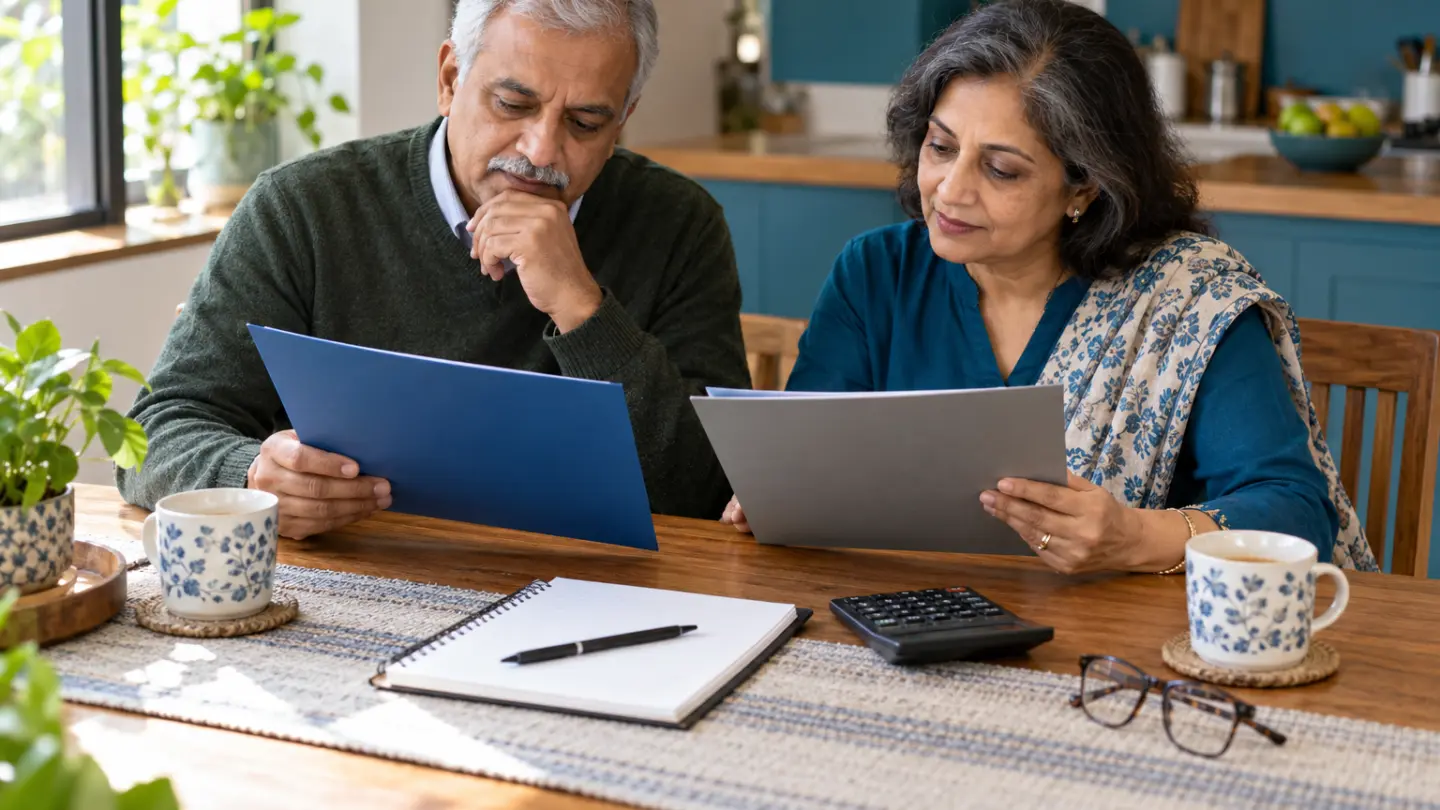 A couple comparing insurance documents at a home table.