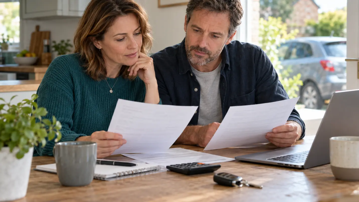 A couple reviewing car insurance documents with keys and a calculator.
