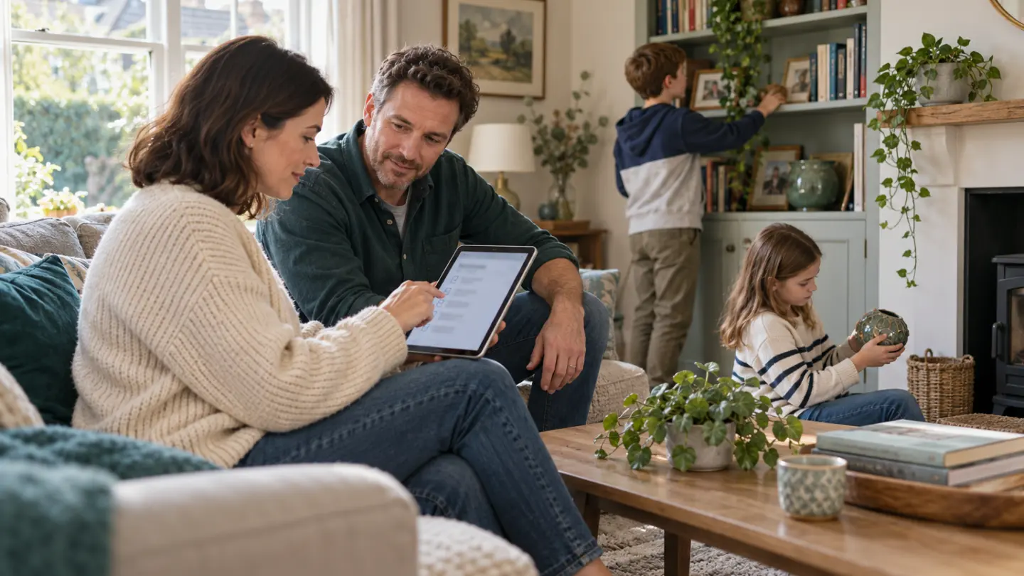 A household reviewing belongings in a living room with a tablet.