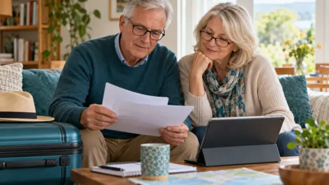 An older couple reviewing travel insurance paperwork beside a suitcase.