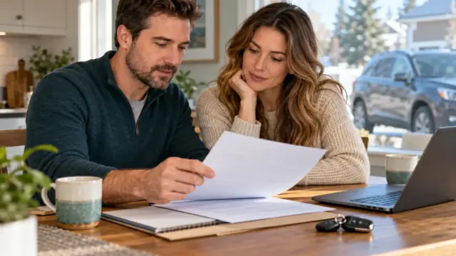 A couple discussing car insurance documents at a kitchen table.