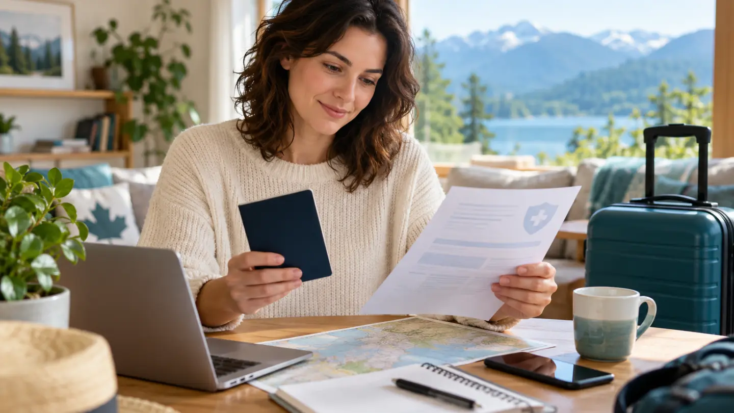A traveller reviewing travel paperwork beside a suitcase.