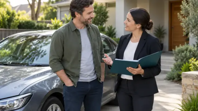 A car owner discussing insurance paperwork beside a parked sedan.