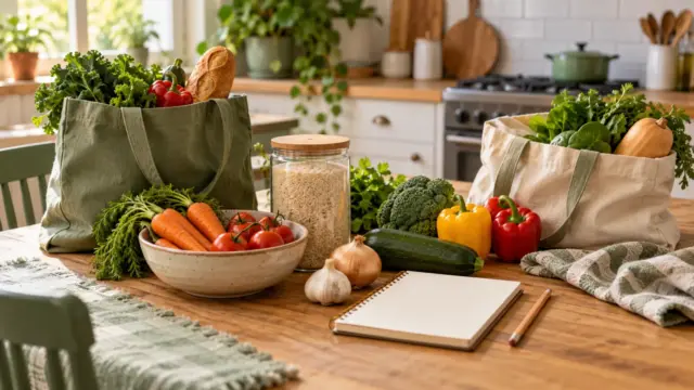 Vegetables, a sealed rice jar, reusable grocery bags and a blank notebook on a kitchen table for meal planning.