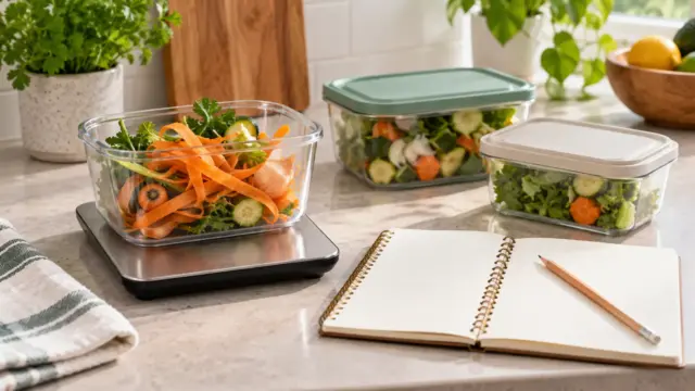 A kitchen scale holding vegetable offcuts beside a blank tracking notebook and separate food containers.