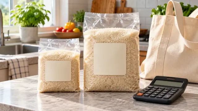 Two fictional unbranded rice bags of different sizes beside a calculator and reusable shopping bag.