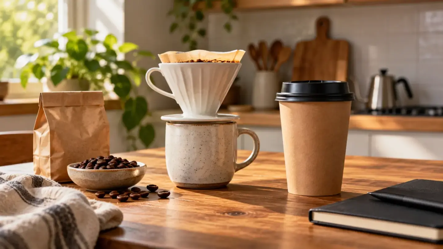 A fictional pour-over coffee setup beside a plain takeaway cup, beans and a closed notebook.