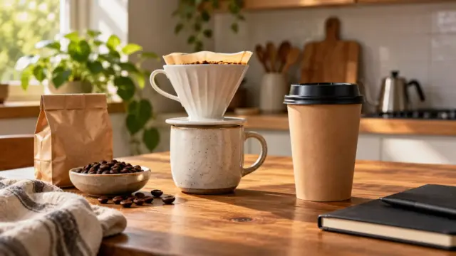 A fictional pour-over coffee setup beside a plain takeaway cup, beans and a closed notebook.