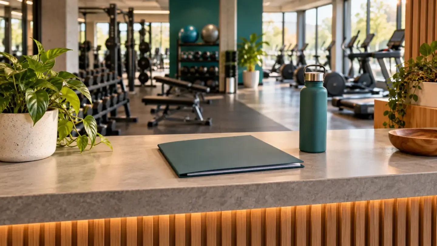 Fictional quiet gym reception with a membership folder and water bottle, equipment in the background.