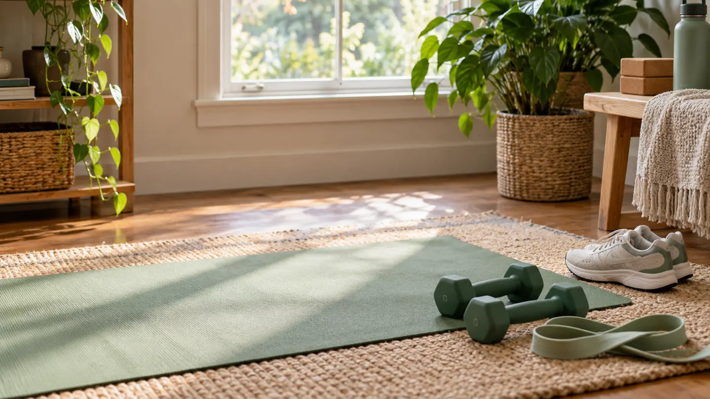 A yoga mat, light dumbbells, resistance band and trainers in a home exercise corner.