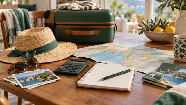 A suitcase, sun hat, map and budget notebook arranged for holiday planning.