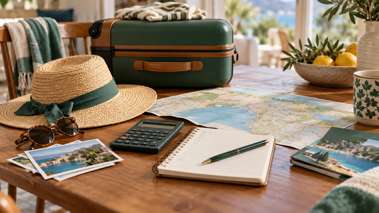 A suitcase, sun hat, map and budget notebook arranged for holiday planning.