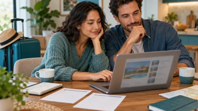 Fictional couple reviewing travel booking options and quote sheets at home.