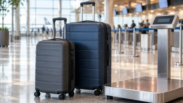 Fictional airport scene with a carry-on bag and larger suitcase near a departure window.
