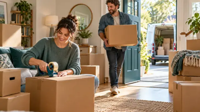 Fictional couple packing household boxes with a modest moving van outside the front door.