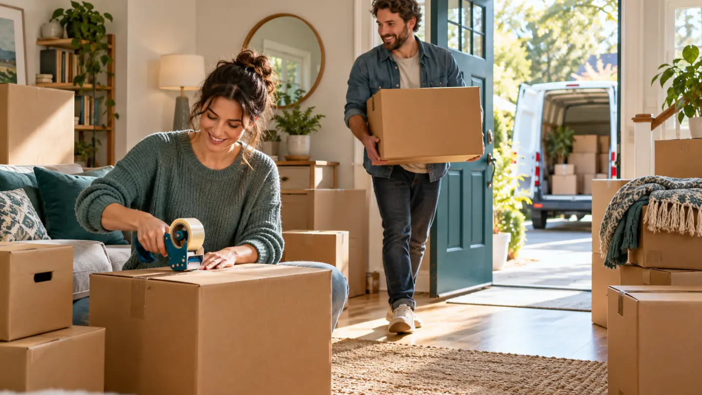 Fictional couple packing household boxes with a modest moving van outside the front door.