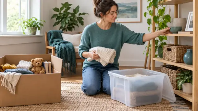 Fictional homeowner sorting useful household items between shelves, a donation box and a storage container.