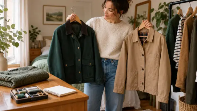 A woman comparing two jackets beside a sewing kit and notebook.
