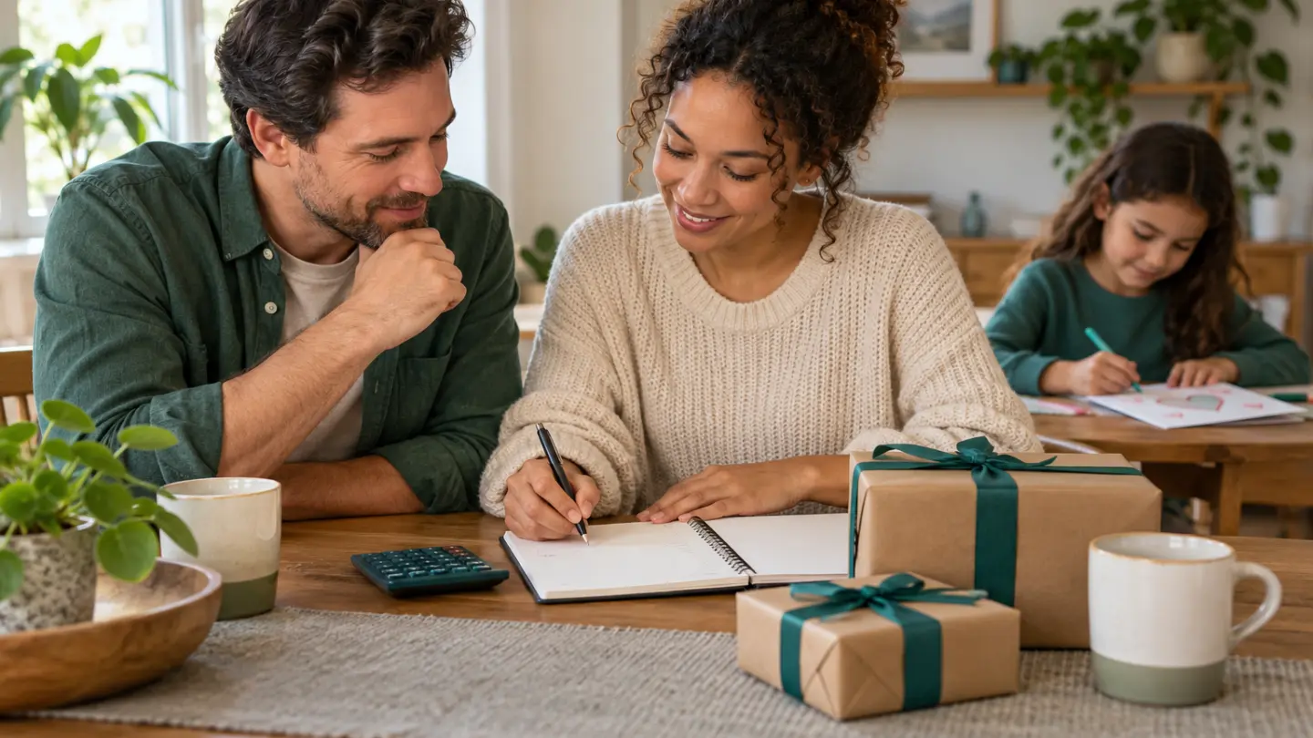 A family planning gifts with a notebook and wrapped presents.