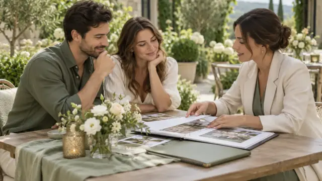 A couple comparing venue choices with a wedding coordinator at a garden table.