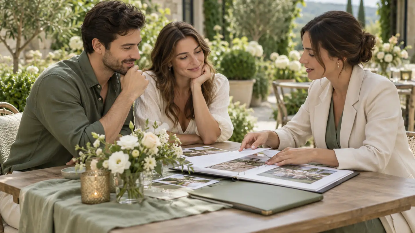 A couple comparing venue choices with a wedding coordinator at a garden table.