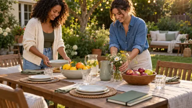 Two adults arranging a modest garden celebration table.