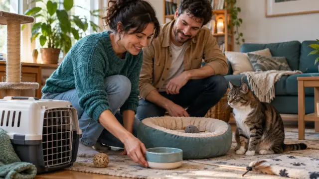 A couple preparing a cat bed and water bowl for a newly adopted cat.