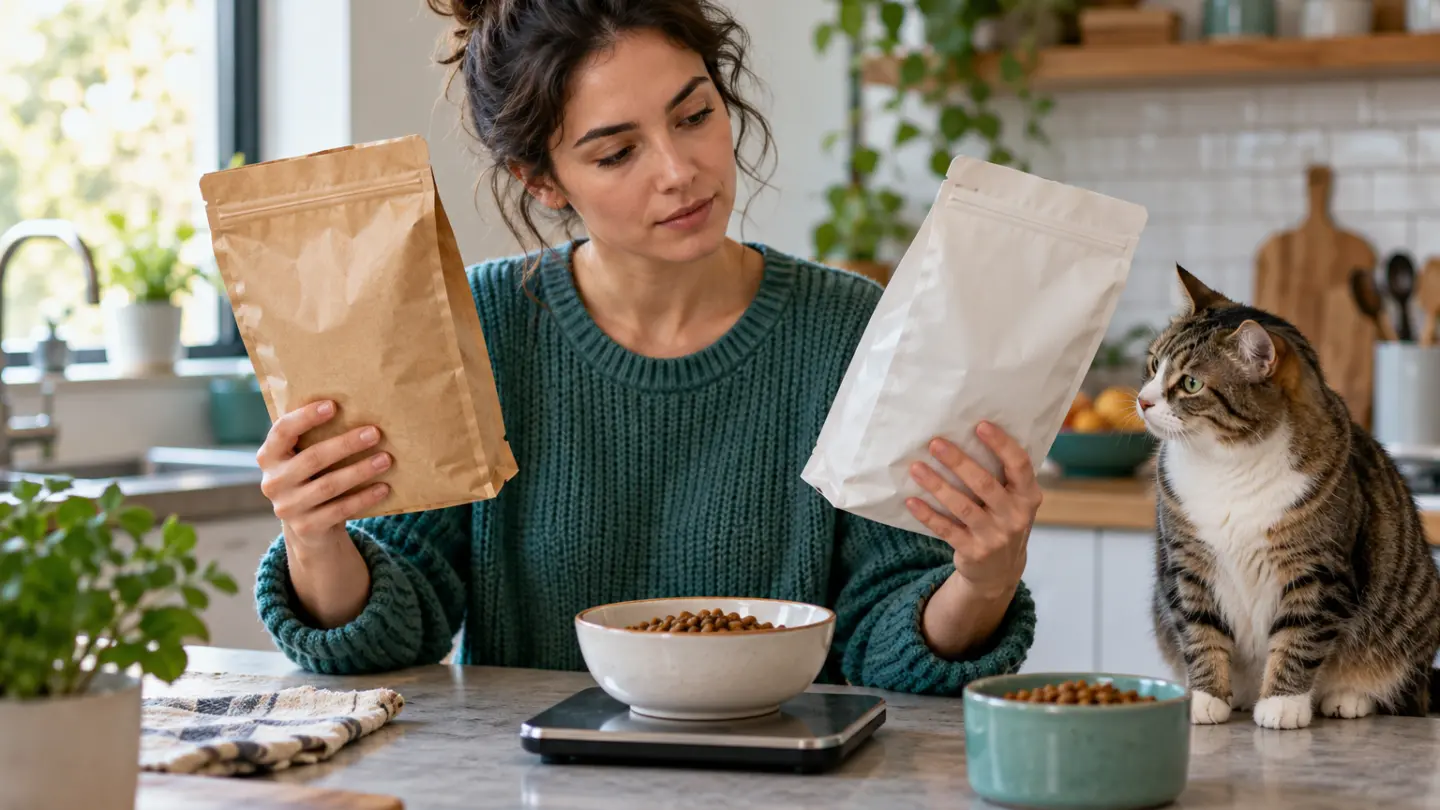 A pet owner comparing two unbranded food bags with a cat nearby.