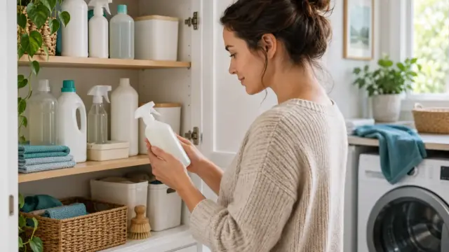A person reviewing closed unbranded cleaning supplies in an organised cupboard.