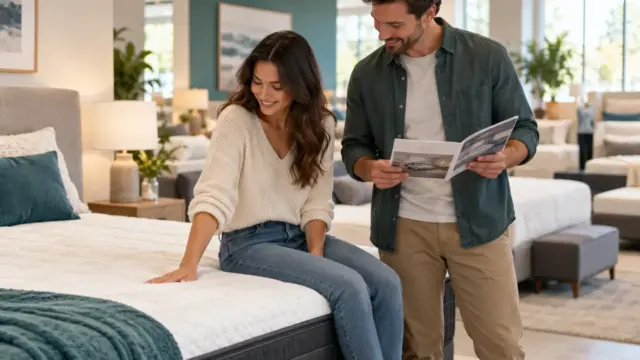 A couple assessing a mattress in a bright bedroom showroom.