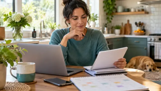 An adult reviewing recurring household service notes at a kitchen table.