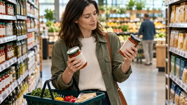 A shopper comparing two grocery jars in a supermarket aisle.