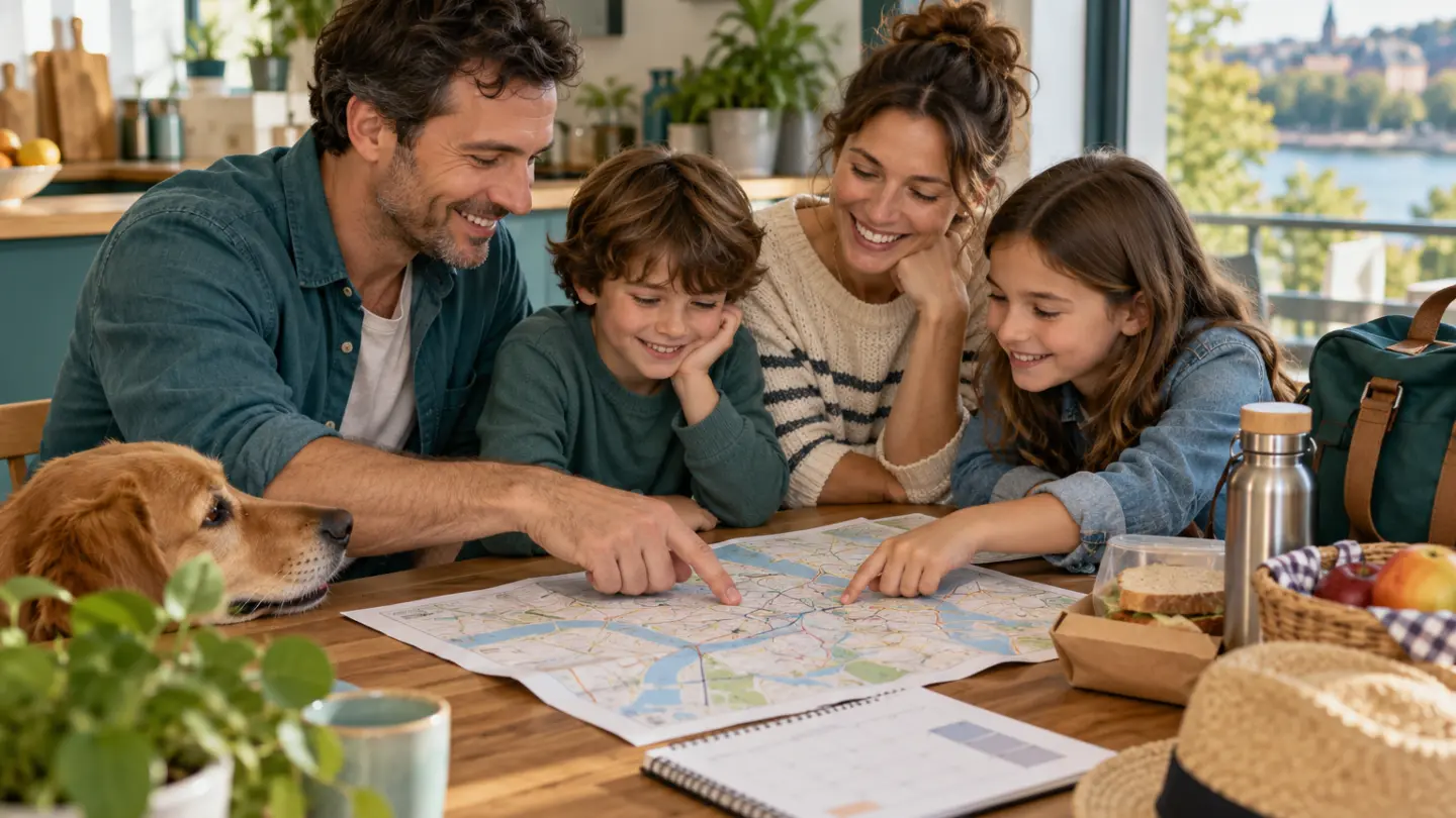 A family planning a day trip with picnic supplies at a kitchen table.