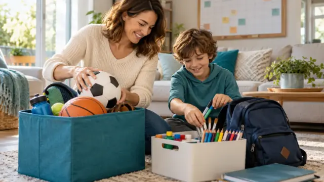 A parent and child organising sports and art equipment at home.
