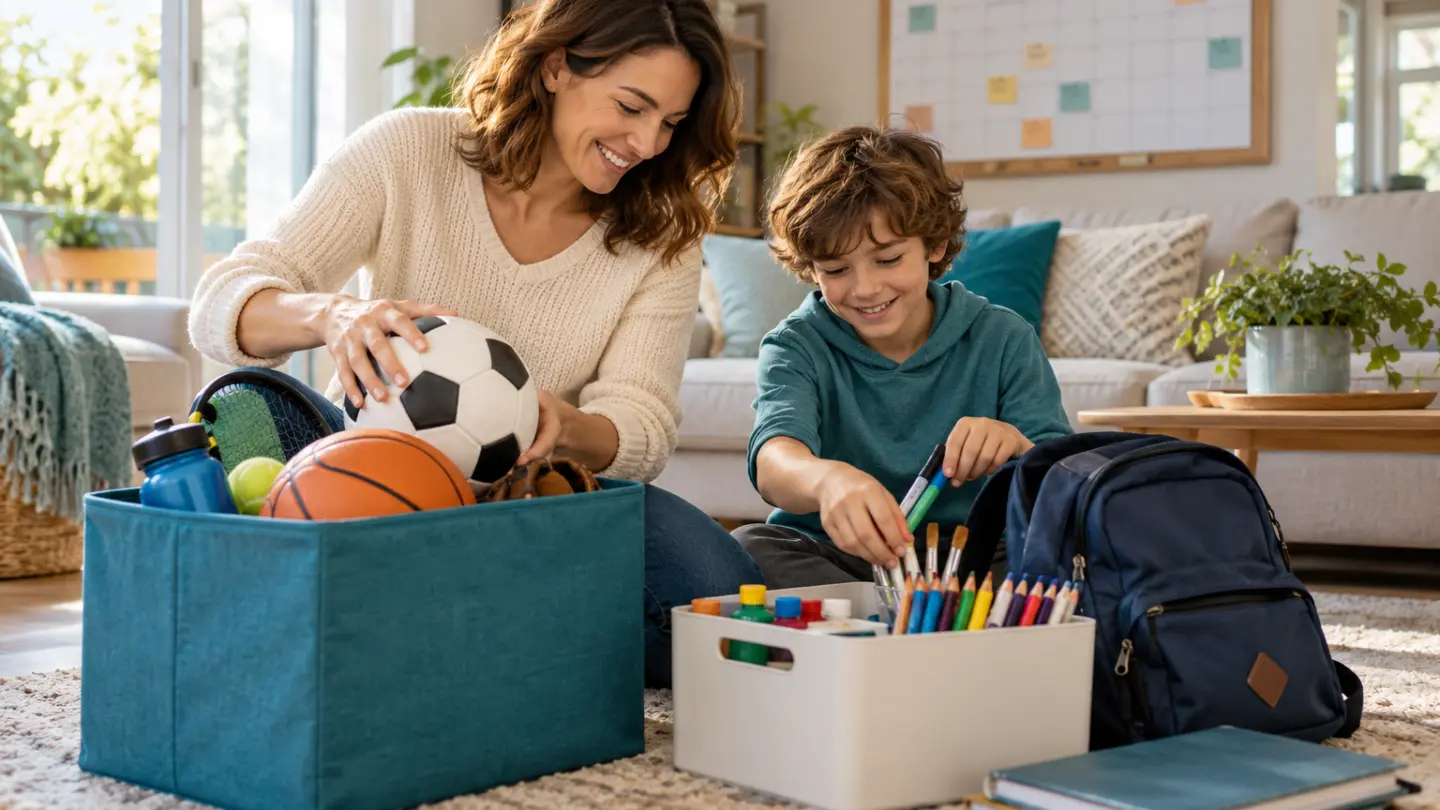 A parent and child organising sports and art equipment at home.