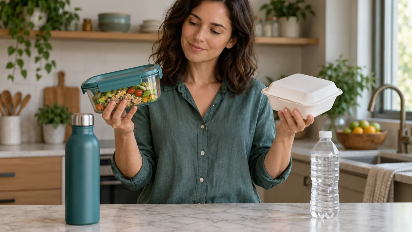 An adult comparing reusable lunch items with disposable alternatives.
