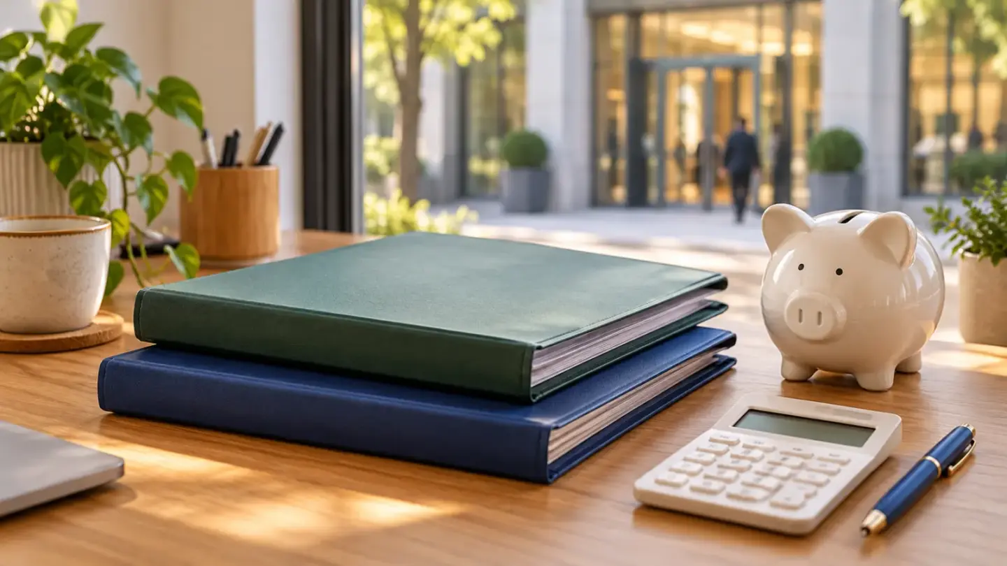 Plain account folders, a ceramic savings pig and an unbranded calculator on a fictional household desk.