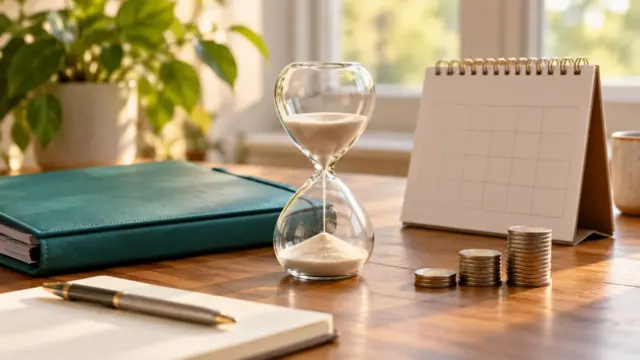 A fictional savings desk with an hourglass, closed teal folder, blank calendar and generic coins.