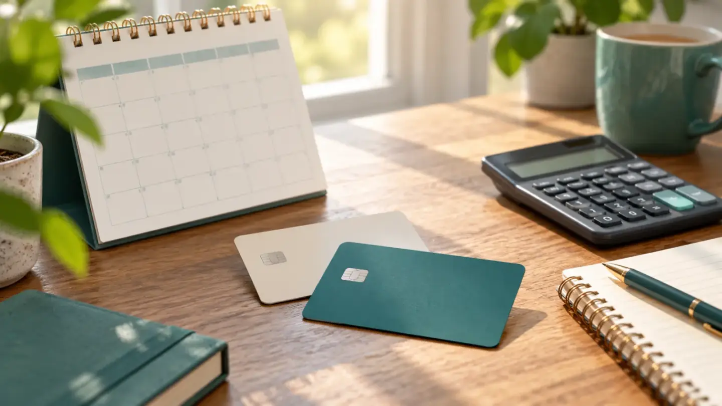 Fictional blank payment cards beside a calendar, calculator and pen on a household desk.