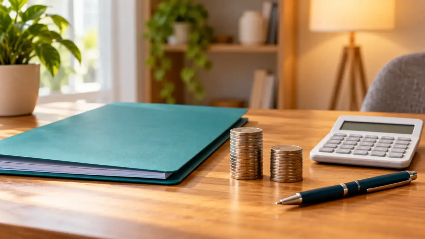 Fictional household table with a teal loan folder, generic coin stacks, calculator and pen.