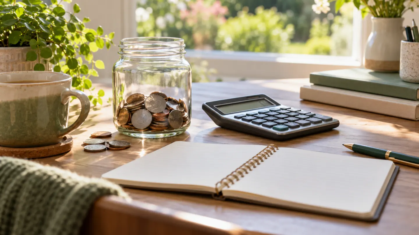 A savings jar, coins and calculator beside handwritten budgeting notes.