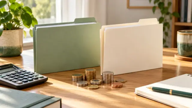 Two savings folders, coins and a calculator on a sunlit desk.