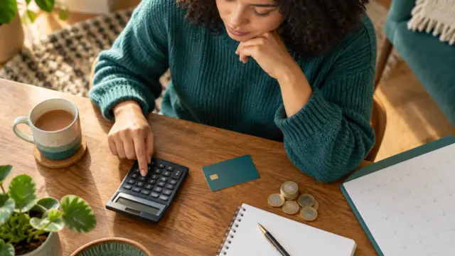 Fictional household budgeting scene with a calculator, calendar and plain bank card.